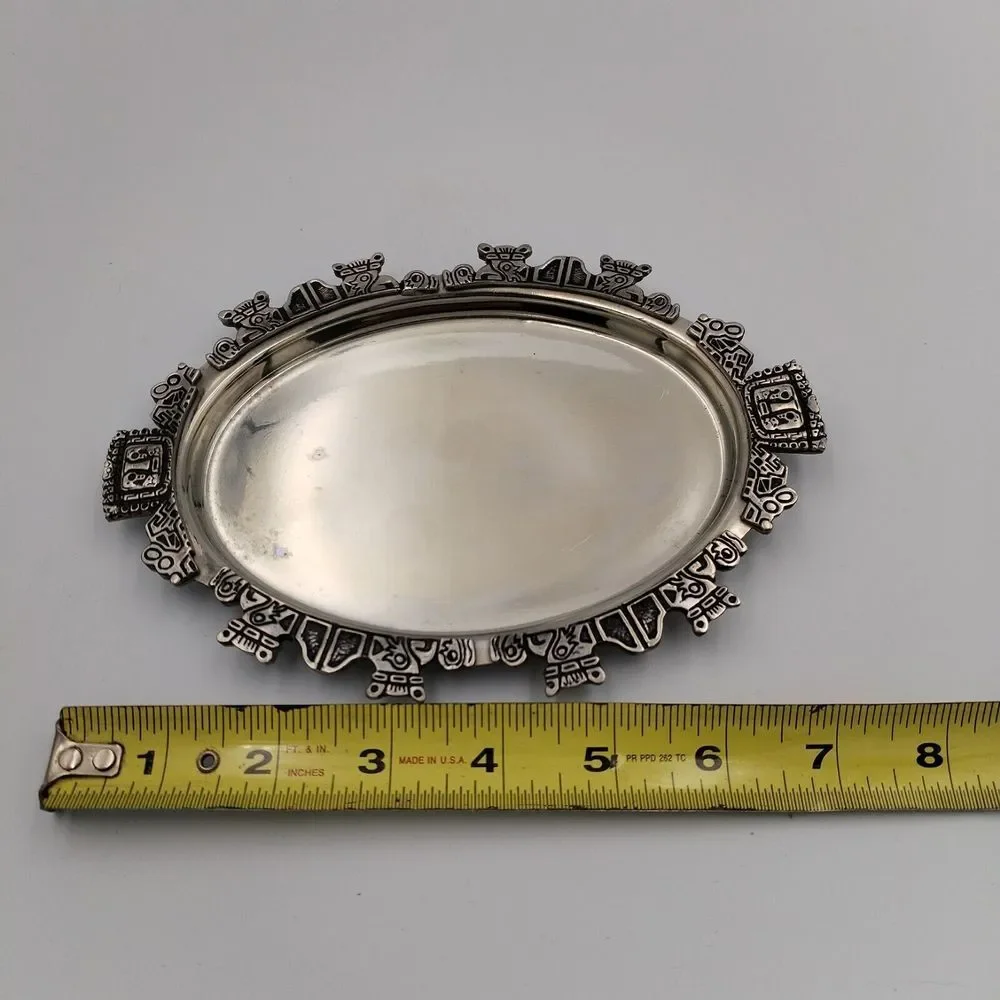 VTG Made in‎ Bolivia 97% Pewter Trinket Dish Oval Inca Tribal Indian Design FEMA